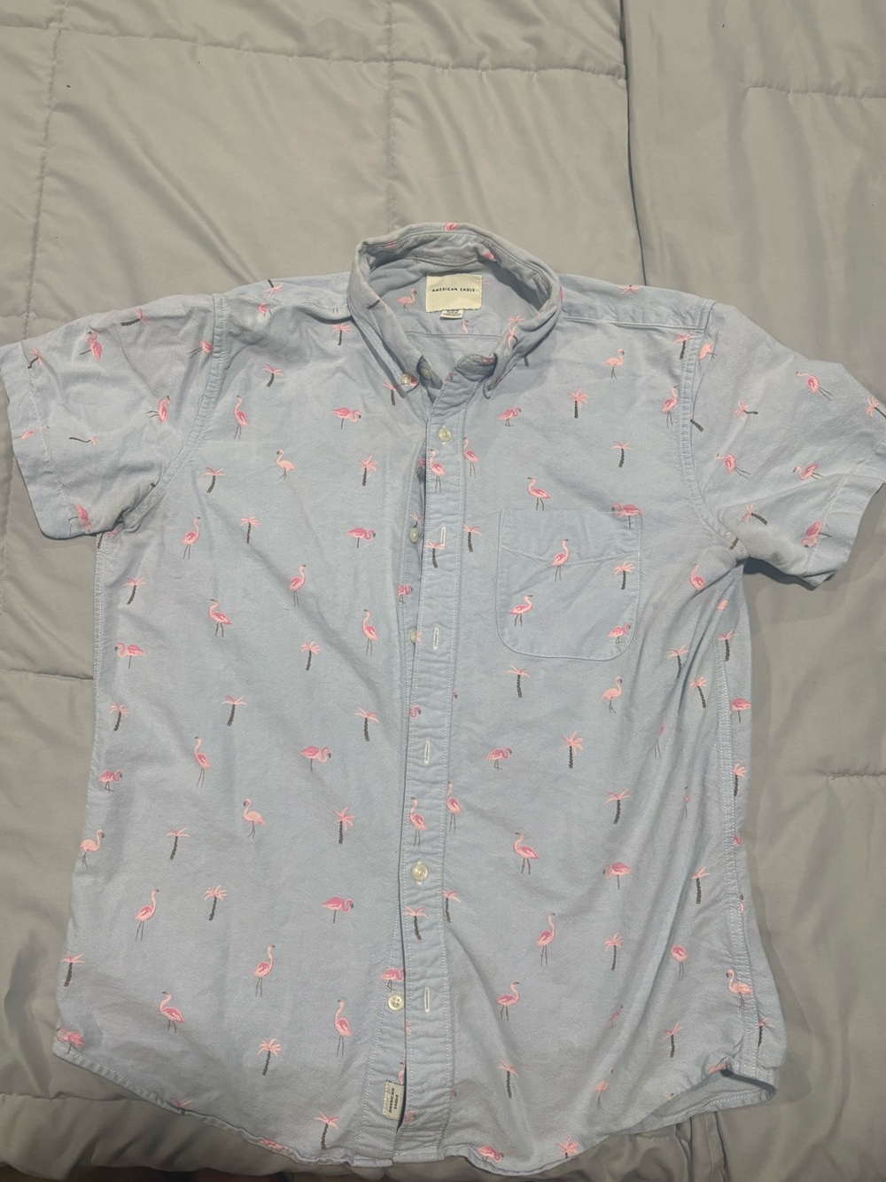 Casual Short-Sleeve Flamingo Print Shirt - Light Blue